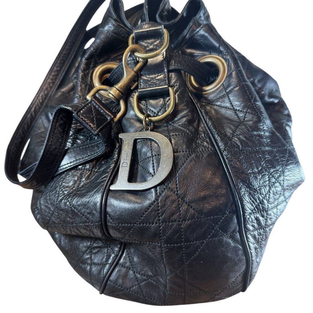 DIOR Black Quilted Cannage Leather Drawstring Hobo Bucket Shoulder Bag Auth Ex++ - Picture 8 of 16